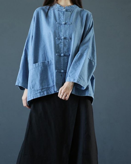 Loose stand collar Chinese Button clothes For Women Sleeve denim light blue shirts Loose stand collar Chinese Button clothes For Women Sleeve denim light blue shirts
