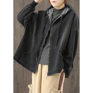 Chic denim black clothes hooded pockets baggy blouse