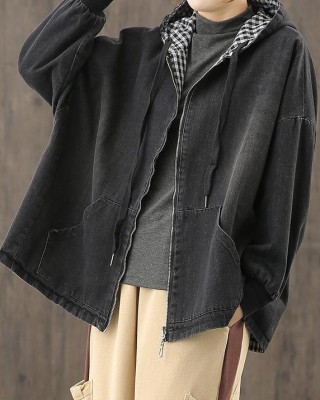 Chic denim black clothes hooded pockets baggy blouse
