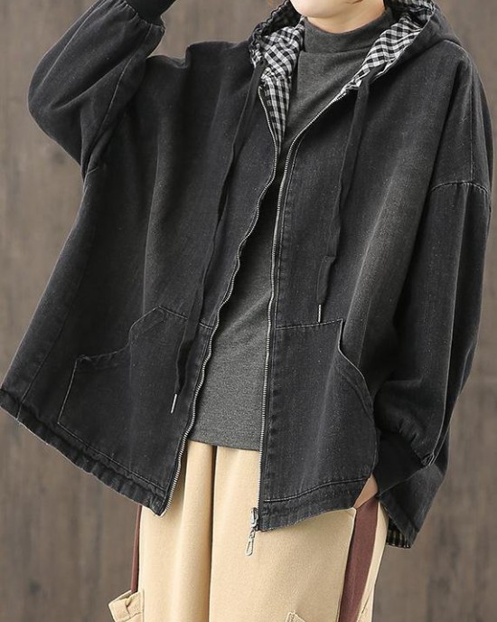 Chic denim black clothes hooded pockets baggy blouse Chic denim black clothes hooded pockets baggy blouse
