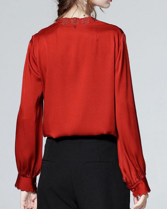Elegant Red V Neck button Embroideried Patchwork Silk Shirt Top Spring Elegant Red V Neck button Embroideried Patchwork Silk Shirt Top Spring
