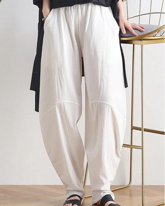 Vintage white cotton and linen loose casual trousers Zen lantern pants Vintage white cotton and linen loose casual trousers Zen lantern pants