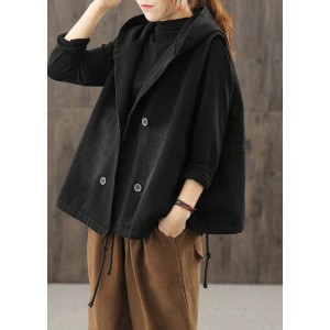 Denim Black Waistcoat 2025 Autumn Loose Large Size Tooling Double Breasted Hooded Vest