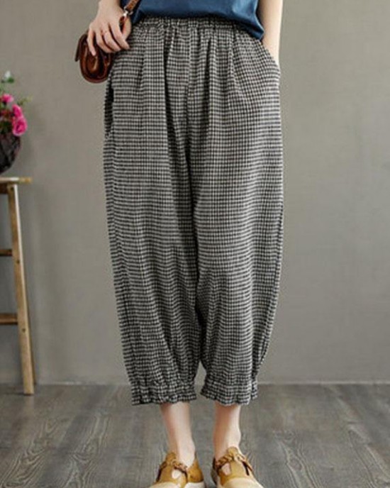 Bohemian Plaid Pockets Summer Linen Pants Bohemian Plaid Pockets Summer Linen Pants