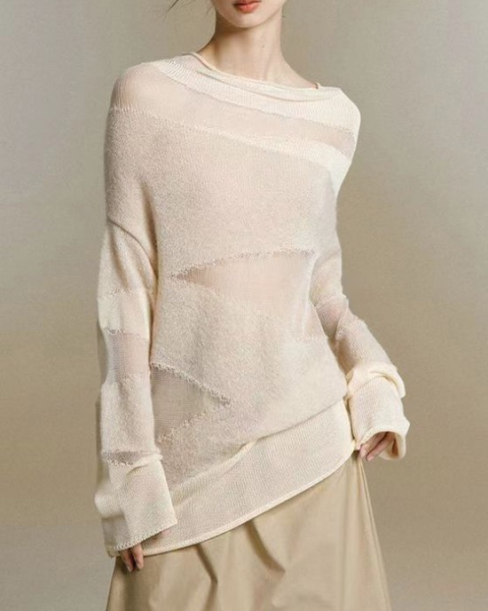 Slim Fit Beige Turtleneck Tulle Patchwork Thin Knit Top Fall Slim Fit Beige Turtleneck Tulle Patchwork Thin Knit Top Fall