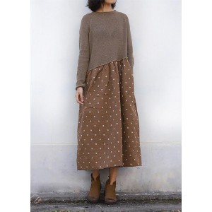 Cozy brown Sweater Wardrobes Quotes o neck tunic patchwork knitwear