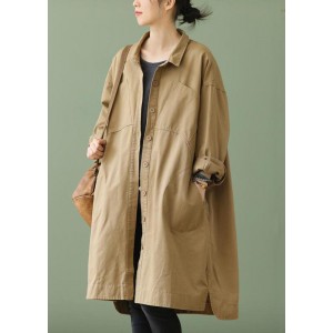 Style Khaki PeterPan Collar Pockets Button low high design Fall Long sleeve Trench Coat