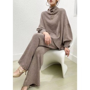 Classy Camel Sweaters And Wide Leg Pants Knit Two Piece Set Spring