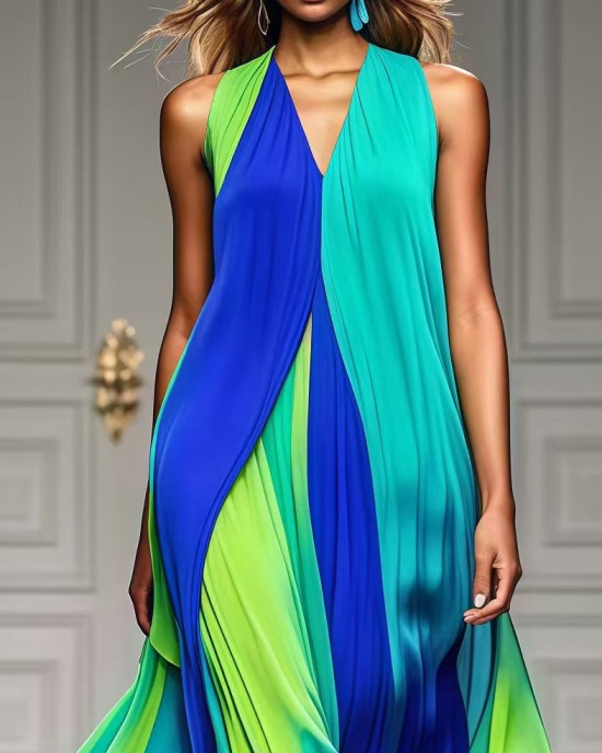 Modern Colorblock V Neck Patchwork Exra Large Hem Chiffon Beach Dress Summer Modern Colorblock V Neck Patchwork Exra Large Hem Chiffon Beach Dress Summer