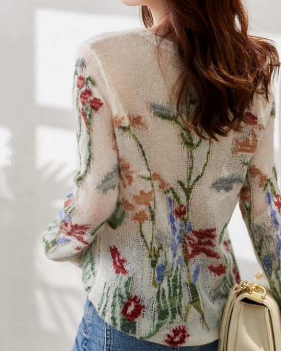 French O-Neck Floral Hollow Out Knit Sweaters Spring French O-Neck Floral Hollow Out Knit Sweaters Spring