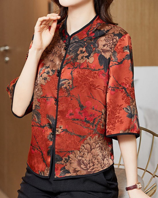 Vintage Red Mandarin Collar Print Silk Shirt Tops Half Sleeve Vintage Red Mandarin Collar Print Silk Shirt Tops Half Sleeve