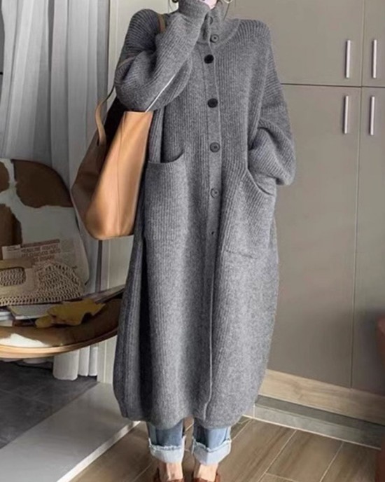 Casua Grey Turtleneck Pockets Button Thick Long Knit Sweater Fall Casua Grey Turtleneck Pockets Button Thick Long Knit Sweater Fall