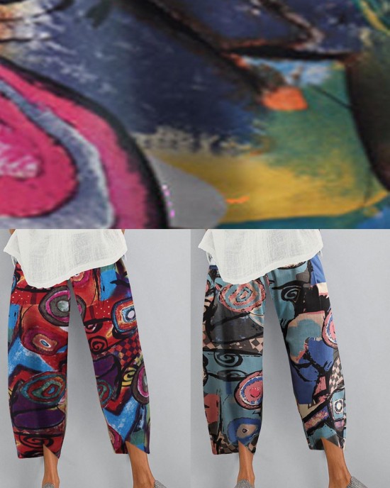 Cotton hemp printed elastic large size Capris Cotton hemp printed elastic large size Capris