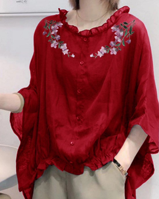 Art Navy Tops Ruffles Trim Half Sleeve Shirts Blouse Plus Size