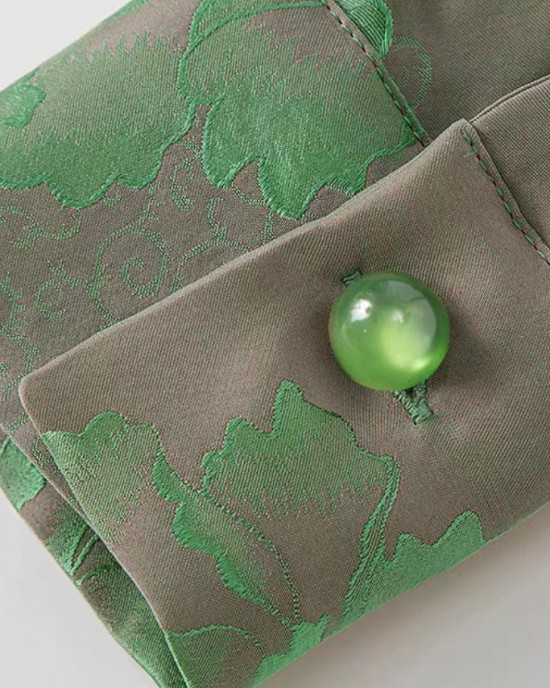 Beautiful Green Mandarin Collar Button Print Silk Shirt Top Spring Beautiful Green Mandarin Collar Button Print Silk Shirt Top Spring