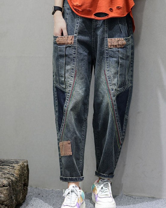 Women Blue Pockets Patchwork Casual Fall Denim Pants Women Blue Pockets Patchwork Casual Fall Denim Pants