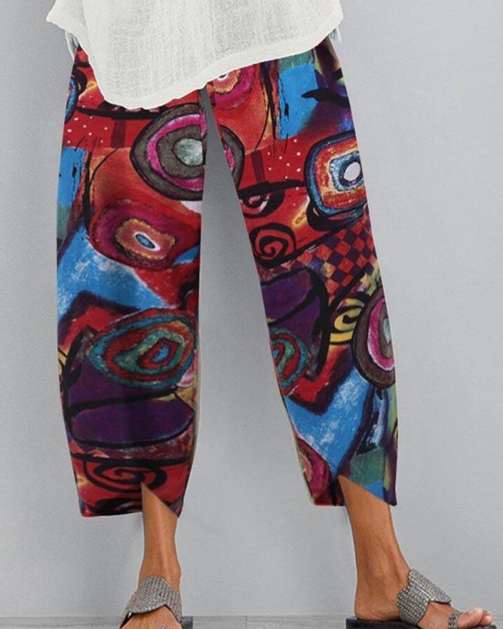 Cotton hemp printed elastic large size Capris Cotton hemp printed elastic large size Capris