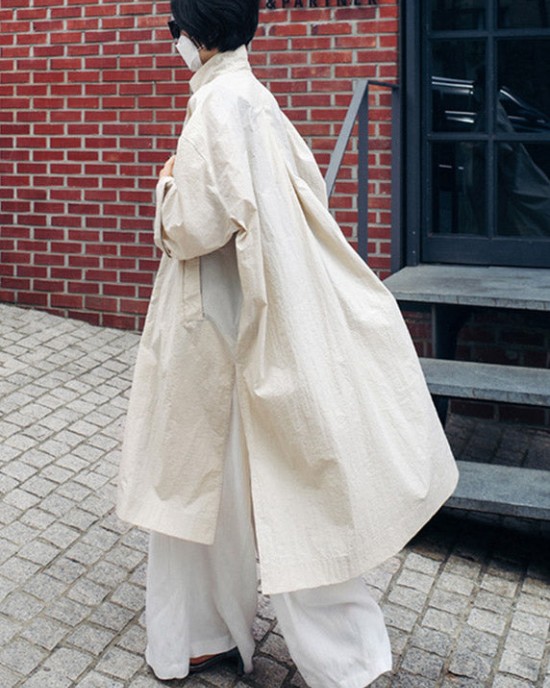 Casual Beige Peter Pan Collar Button Wrinkled Side Open Trench Coats Long Sleeve Casual Beige Peter Pan Collar Button Wrinkled Side Open Trench Coats Long Sleeve