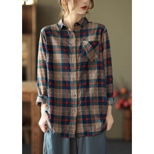 DIY Blue Plaid Blouses For Women Lapel Pockets Art Spring Tops