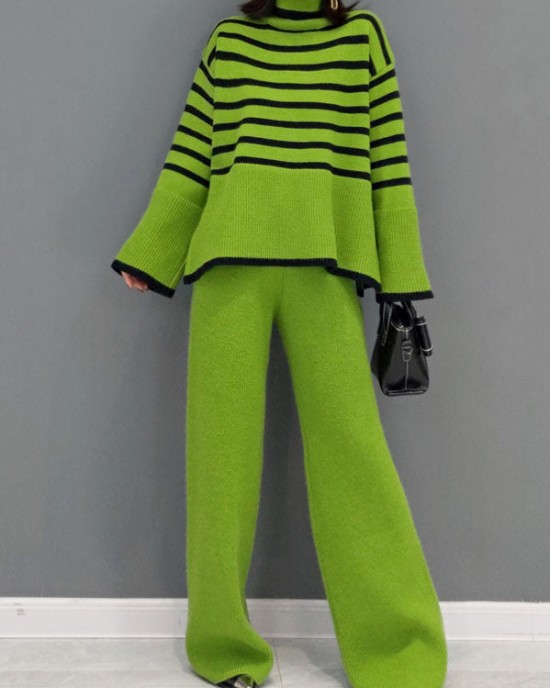 Organic Green Turtle Neck Striped wide leg pants Knit Two Pieces Set Spring Organic Green Turtle Neck Striped wide leg pants Knit Two Pieces Set Spring