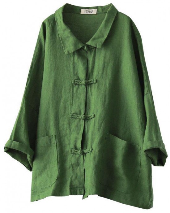 Beautiful Green Peter Pan Collar Pockets Summer Linen top Beautiful Green Peter Pan Collar Pockets Summer Linen top