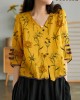 Women Yellow Casual Ramie Cardigan Embroidered Shirt Women Yellow Casual Ramie Cardigan Embroidered Shirt
