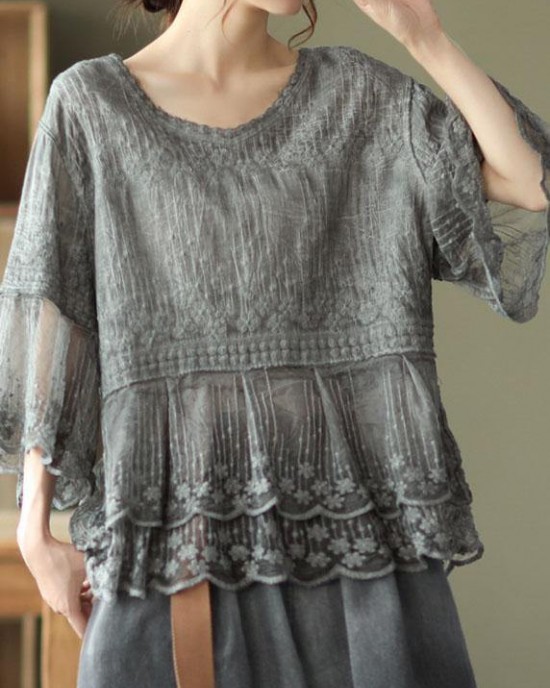 Loose Khaki O-Neck Embroideried Patchwork Summer Shirts Half Sleeve Loose Khaki O-Neck Embroideried Patchwork Summer Shirts Half Sleeve