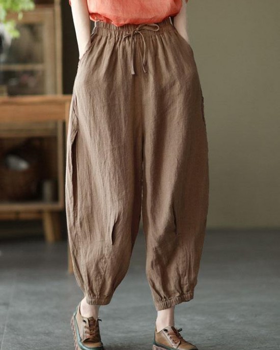 Simple Yellow Retro High Waist Pockets Summer Pants Linen Simple Yellow Retro High Waist Pockets Summer Pants Linen