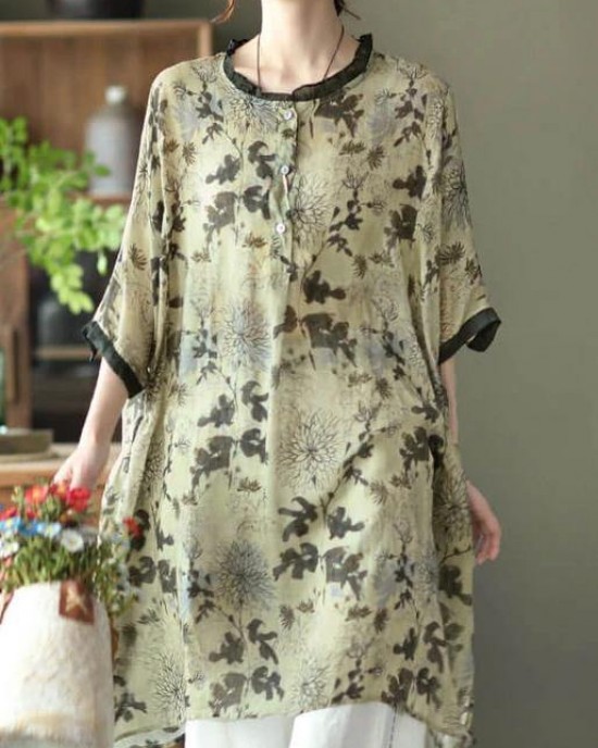 Plus Size-Red Ramie Floral Vintage Women Print Casual Shirt Plus Size-Red Ramie Floral Vintage Women Print Casual Shirt