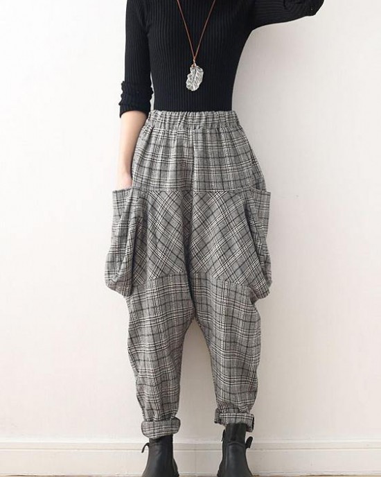 Original design retro gray thick loose large size warm knitted plaid Harlan bloomers Original design retro gray thick loose large size warm knitted plaid Harlan bloomers