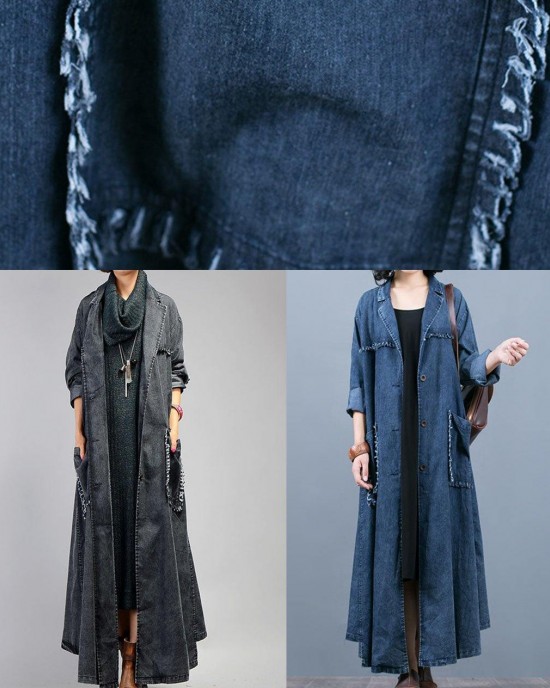 New plus size maxi coat fall denim black Notched Large pockets coat for woman New plus size maxi coat fall denim black Notched Large pockets coat for woman