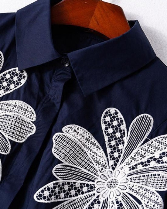 Handmade Blue Peter Pan Collar Embroidered Asymmetrical Design Cotton Long Shirt Half Sleeve Handmade Blue Peter Pan Collar Embroidered Asymmetrical Design Cotton Long Shirt Half Sleeve
