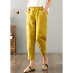 Natural Yellow Pockets Cotton Linen  Pants Summer