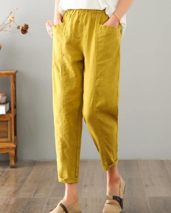 Natural Yellow Pockets Cotton Linen Pants Summer Natural Yellow Pockets Cotton Linen Pants Summer