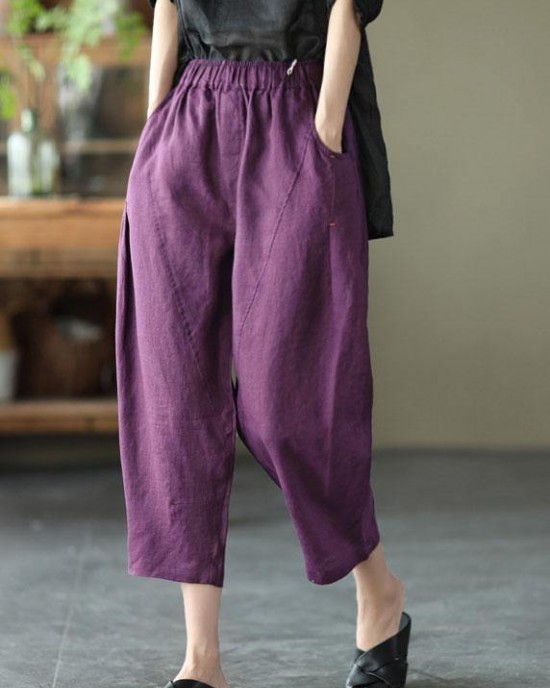 Natural Yellow Elastic Waist Summer Linen Harem Pants Natural Yellow Elastic Waist Summer Linen Harem Pants