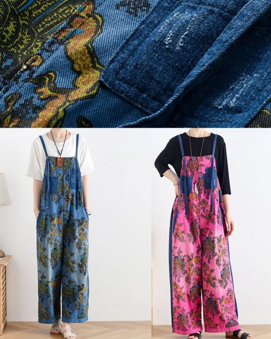 2025 retro national style rose printed loose denim overalls 2025 retro national style rose printed loose denim overalls