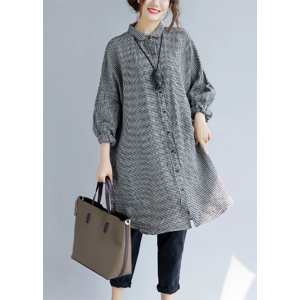 stylish black Plaid cozy cotton t shirt oversize Turn-down Collar cotton blouses Fine long sleeve tops