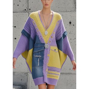 Elegant Purple Asymmetrical Patchwork Denim Long Sweater Batwing Sleeve