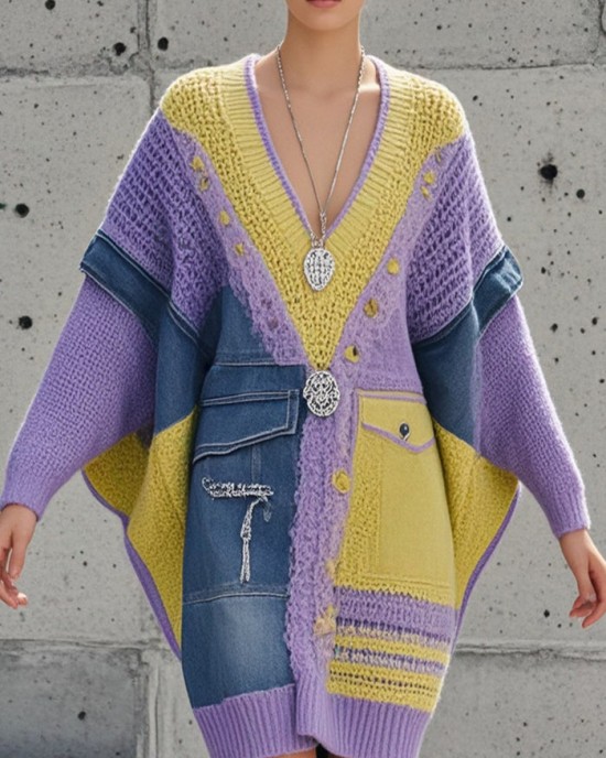 Elegant Purple Asymmetrical Patchwork Denim Long Sweater Batwing Sleeve Elegant Purple Asymmetrical Patchwork Denim Long Sweater Batwing Sleeve