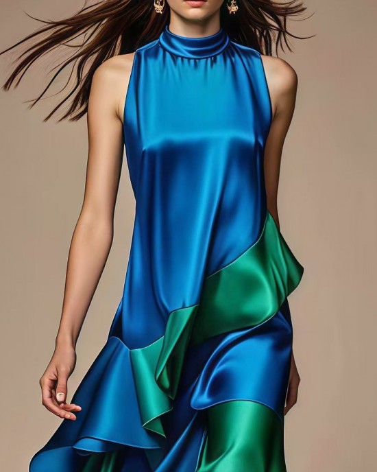 Italian Royal Blue Asymmetrical Patchwork Silk Dress Summer Italian Royal Blue Asymmetrical Patchwork Silk Dress Summer