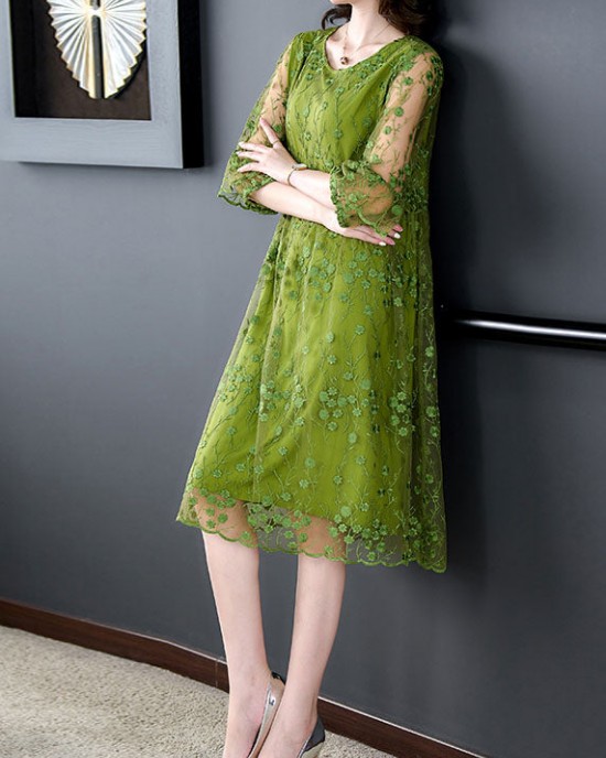 Chic Green O Neck Embroidered Patchwork Tulle Mid Dress Summer Chic Green O Neck Embroidered Patchwork Tulle Mid Dress Summer