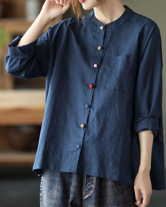 Handmade Khaki Retro O-Neck Button Fall Top Long Sleeve Handmade Khaki Retro O-Neck Button Fall Top Long Sleeve