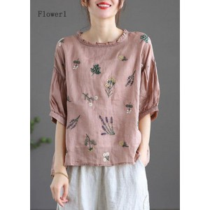Modern Pink Regular Embroideried Summer Floral Half Sleeve