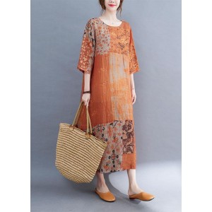 Modern Color Block Loose O-Neck Print Summer Side Open Dress Half Sleeve
