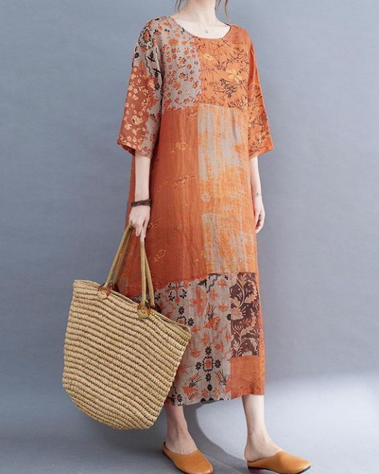 Modern Color Block Loose O-Neck Print Summer Side Open Dress Half Sleeve Modern Color Block Loose O-Neck Print Summer Side Open Dress Half Sleeve