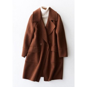 vintage beige Woolen Coat Women plus size medium length jackets big pockets woolen outwear lapel collar