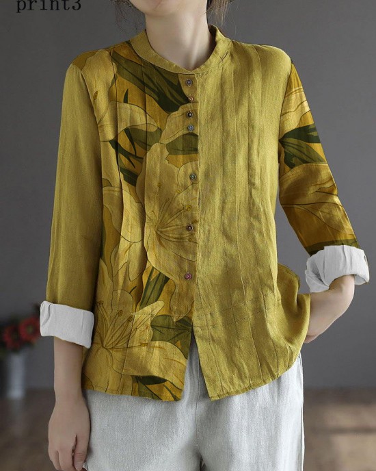 Women Yellow Elegant Button Fall Top Long Sleeve Linen Women Yellow Elegant Button Fall Top Long Sleeve Linen