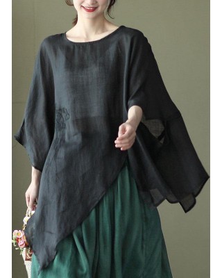 Art Black Asymmetrical Design Embroideried Summer Ramie Shirt Tops