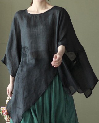 Art Black Asymmetrical Design Embroideried Summer Ramie Shirt Tops