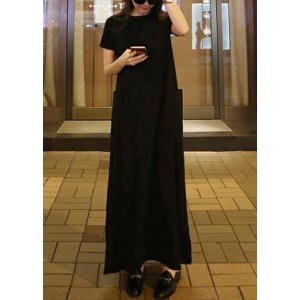 Bohemian o neck pockets cotton summer Tunic Neckline black Maxi Dress